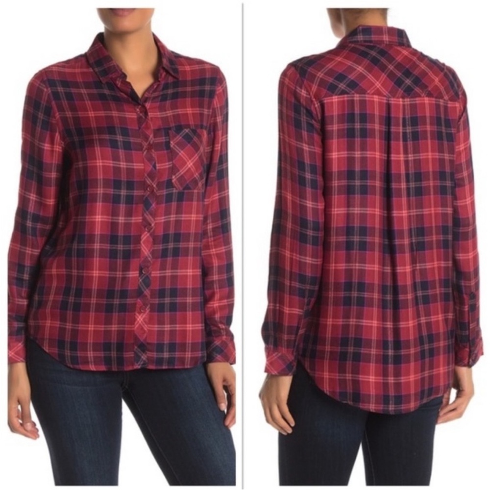 EUC beachlunchlounge Red and Blue Plaid shimmer flannel size XS